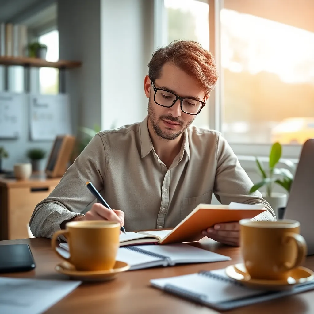 Nederlandse professional die rustig de dag begint met koffie en notities