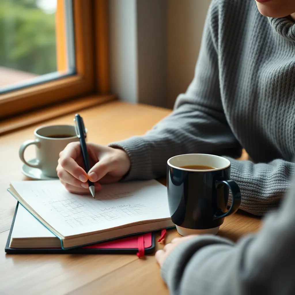 Persoon die doelen opschrijft in een notitieboek met een kopje koffie ernaast