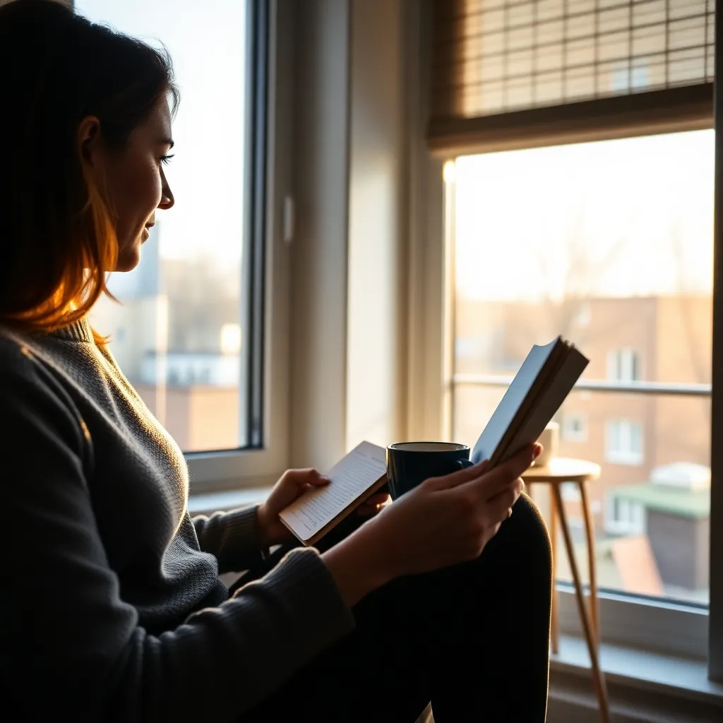 Persoon die ochtendritueel uitvoert met notitieboek en thee