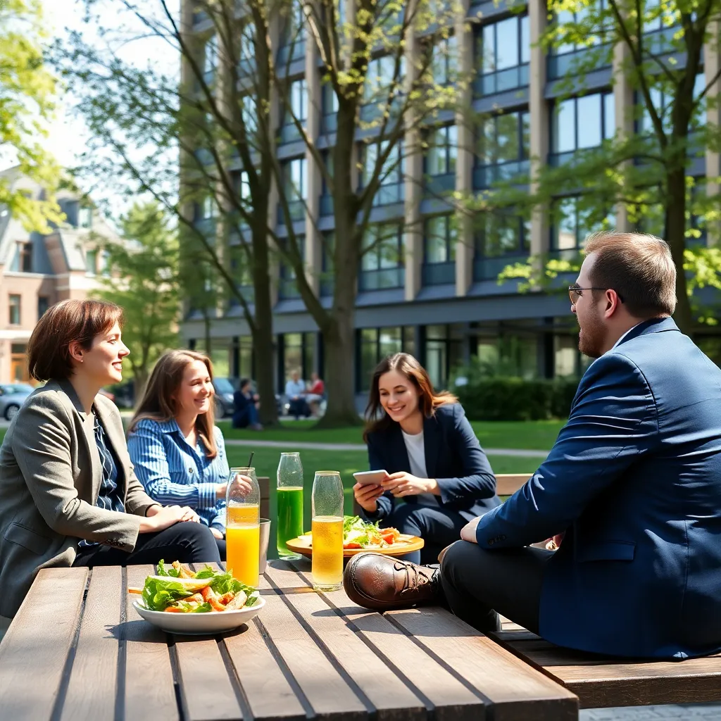 Nederlandse professional die buiten werkt op laptop in een gezellige stadstuin