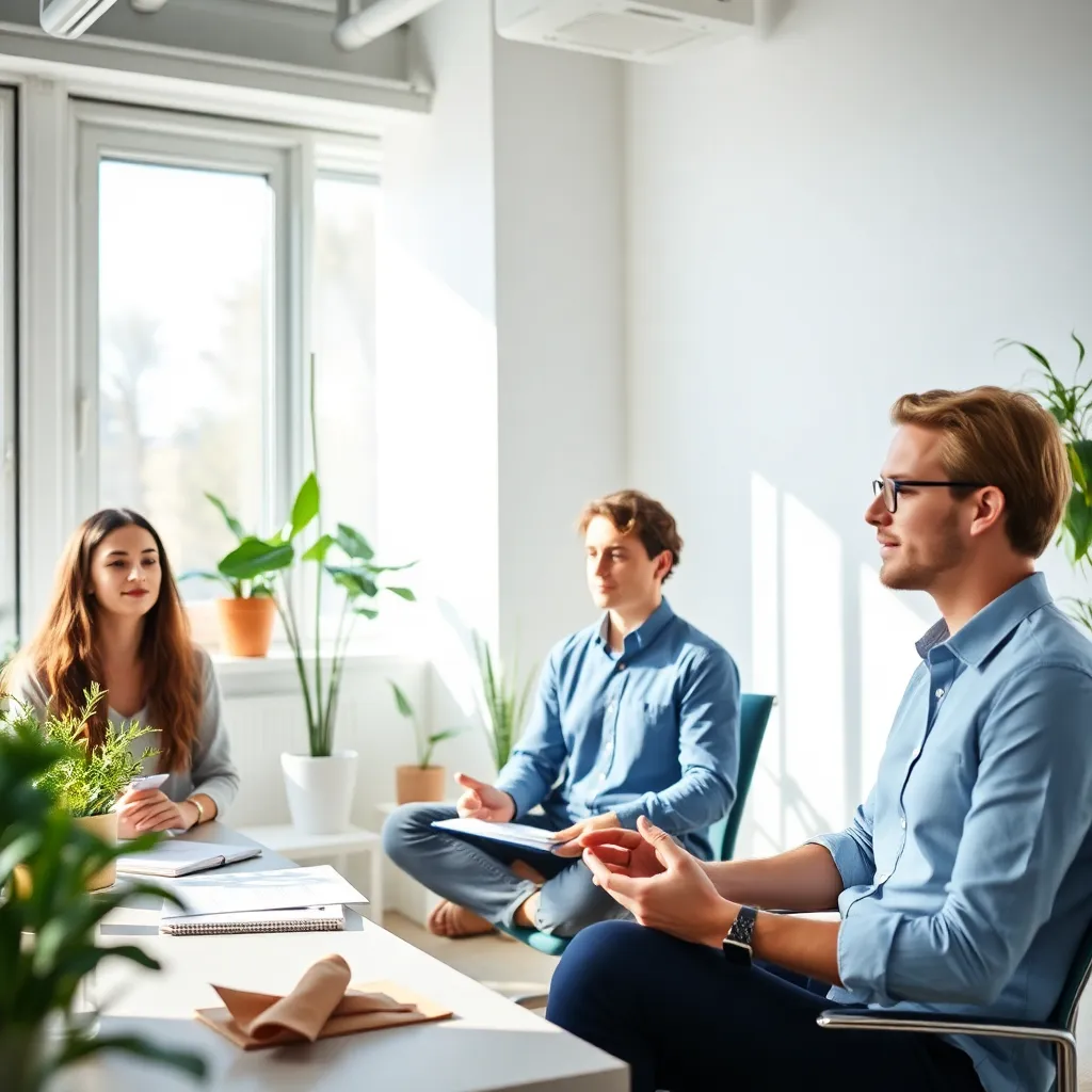 Nederlandse werknemers in overleg bij een informele vergaderruimte