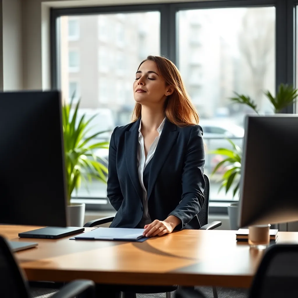 Nederlandse professional die mindful ademhalingsoefening doet tijdens korte pauze op kantoor